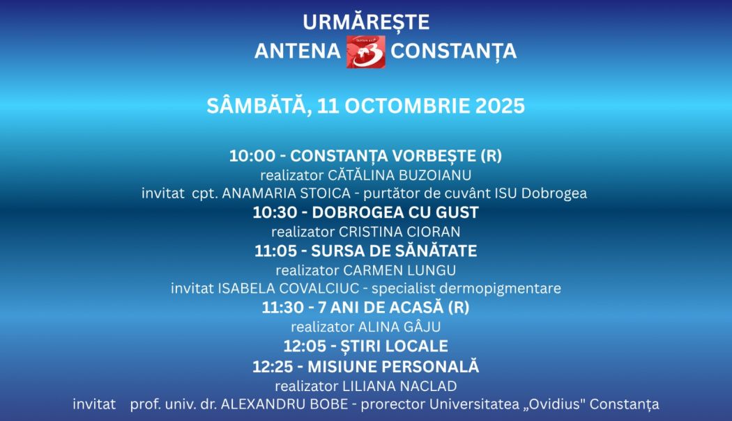 Programul zilei de sâmbătă, 11 octombrie, la Antena 3 Constanța - 1-1760112451.jpg