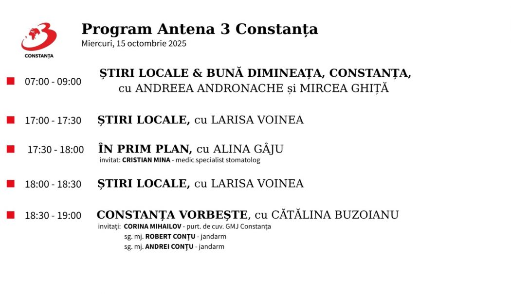 Programul zilei de miercuri, 15 octombrie, la Antena 3 Constanța - 1-1760459266.jpg