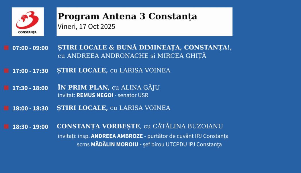 Programul zilei de vineri, 17 octombrie, la Antena 3 Constanța - 1-1760632962.jpg