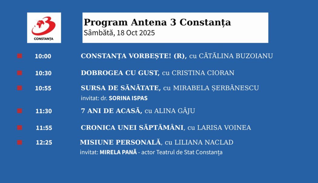 Programul zilei de sâmbătă, 18 octombrie, de la Antena 3 Constanța - 1-1760718259.jpg