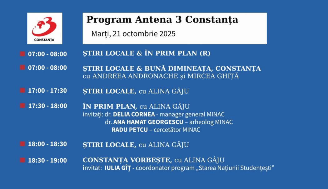 Programul zilei de marți, 21 octombrie, de la Antena 3 Constanța - 1-1760977665.jpg