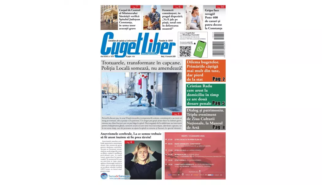 Iată titlurile zilei din data de 13 IANUARIE ale ziarului CUGET LIBER! - 1-1768241748.webp