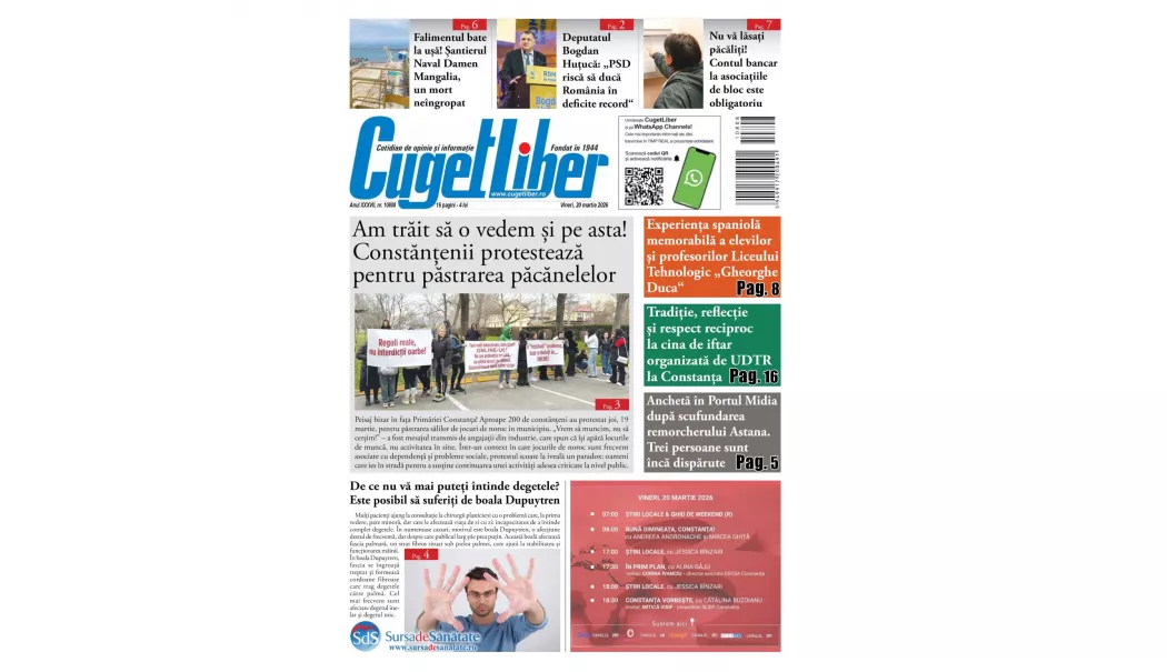 Iată titlurile zilei din data de 20 MARTIE ale ziarului CUGET LIBER! - 1-1773942497.webp