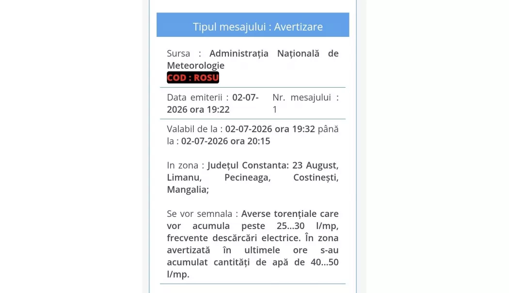 Foto - Ploile se mută în sudul litoralului. Mesaj RO-Alert pentru cinci localități