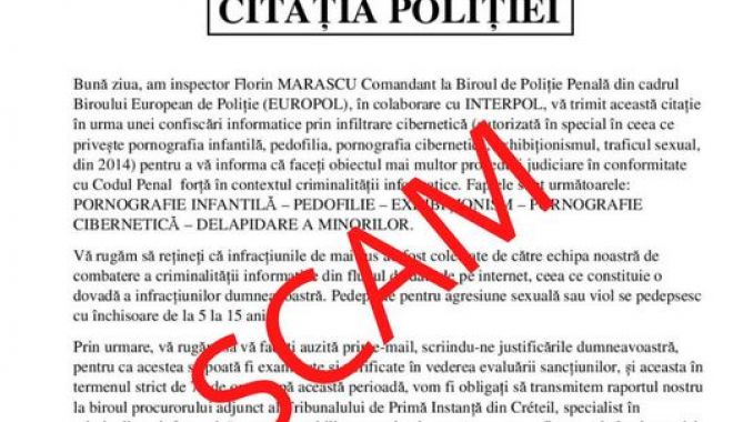 ATENŢIE! CAMPANIE DE TIP SCAM, ÎN NUMELE POLIŢIEI ROMÂNE: "Nu dați curs solicitărilor din astfel de mesaje"