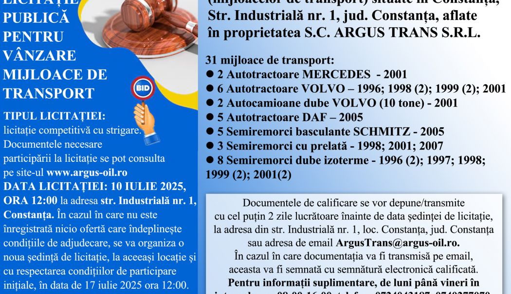 Anunț licitație publică pentru vânzare mijloace de transport - S.C. Argus Trans - atasament-1751901885.jpg