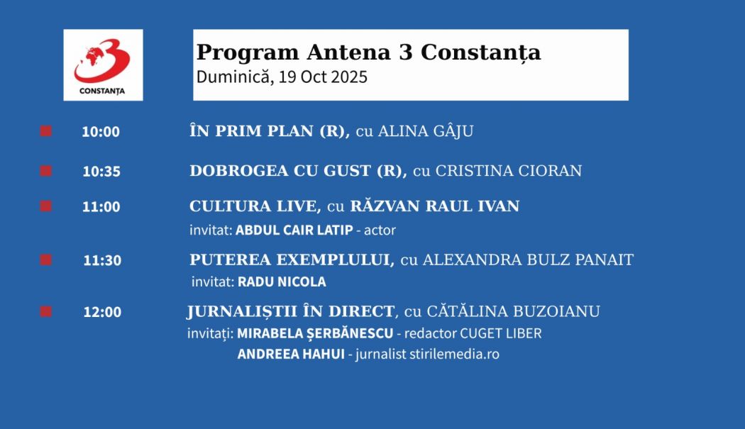 Programul zilei de duminică, 19 octombrie, de la Antena 3 Constanța - b59bdaed49cf4b78a2b8e775834168c9-1760859559.jpeg