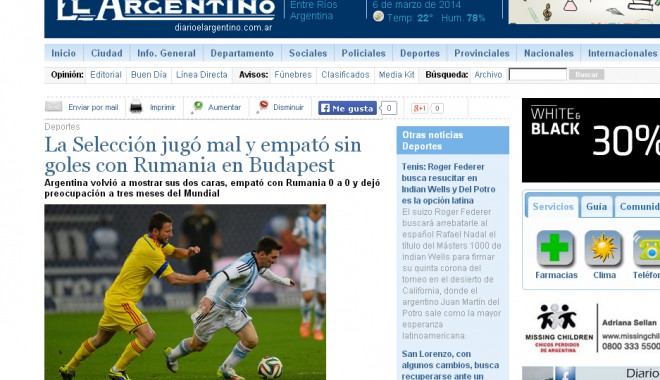 Diario El Argentino: Argentina a avut o prestație proastă și a remizat cu România 