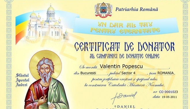 Patriarhul Daniel oferă certificate de donator pentru Catedrala Neamului - certificatdedonator76751600-1312529171.jpg