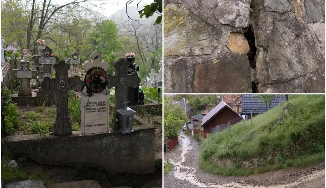 Un cimitir riscă să se prăbușească peste case. Localnicii se tem că „se trezesc cu morții în drum”