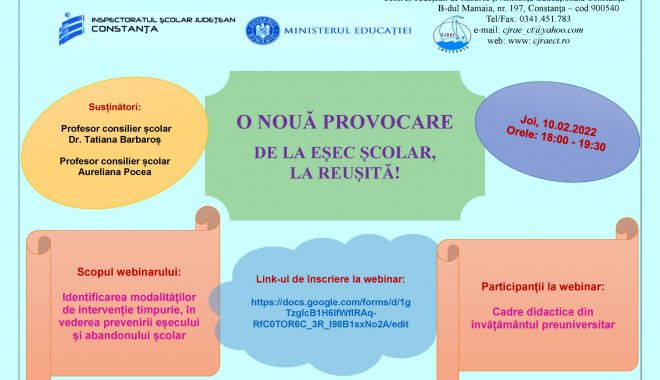 Peste 500 de profesori interesați de webinarul „O nouă provocare – de la eșec școlar, la reușită!