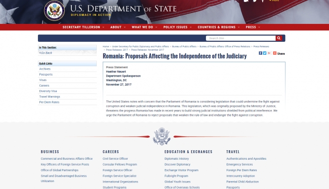 Departamentul de Stat american cere Parlamentului României să respingă legile justiției - dep-1511821505.jpg
