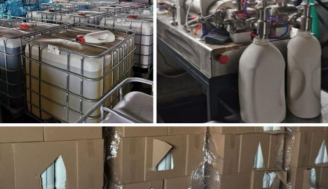 Detergent de haine contrafăcut, îmbuteliat într-un depozit ascuns! Peste 100.000 de litri au fost găsiţi la percheziții