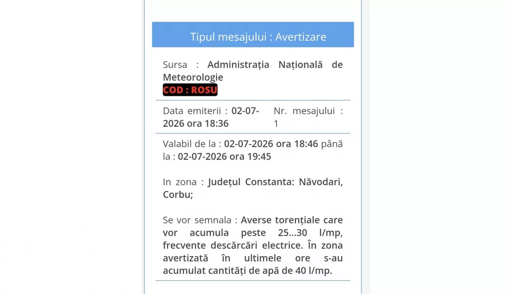 Foto - Cod roșu de precipitații pentru Năvodari și Corbu. ISU Dobrogea îi avertizează pe locuitori