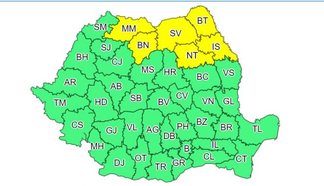 Atenționare meteorologică de cod galben. Șase județe afectate