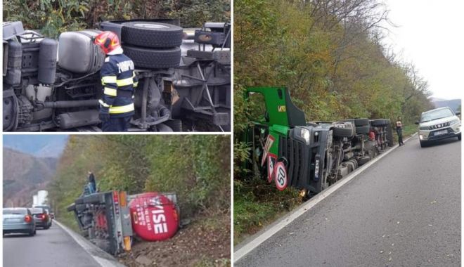 Accident cu două TIR-uri. Unul s-a răsturnat în șanț, pe marginea drumului