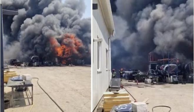 Un incendiu puternic a cuprins o hală! Un tânăr a fost scos din foc și dus la spital cu arsuri