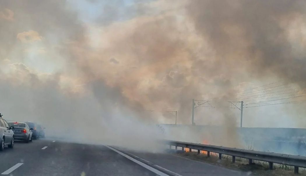 Circulația rutieră și feroviară oprite pe A2 din cauza unui incendiu de vegetație - incendiu-a2-1719243120.jpg