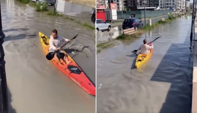 S-a crezut în Veneția: A pornit cu caiacul pe faleza inundată din Mamaia Nord și a ajuns viral