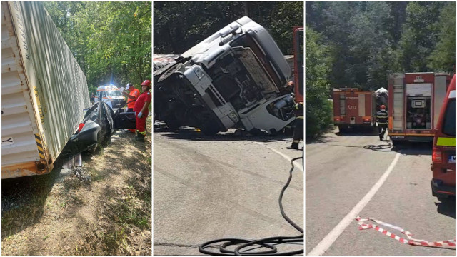 Un șofer și-a pierdut viața după ce mașina i-a fost zdrobită de remorca unui TIR. Camionul s-a răsturnat