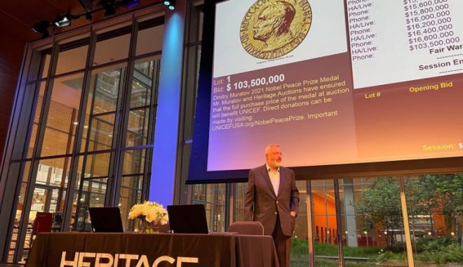 Dmitri Muratov și-a vândut Premiul Nobel pentru Pace cu peste 103 milioane dolari - nobelvandut-1655825892.jpg