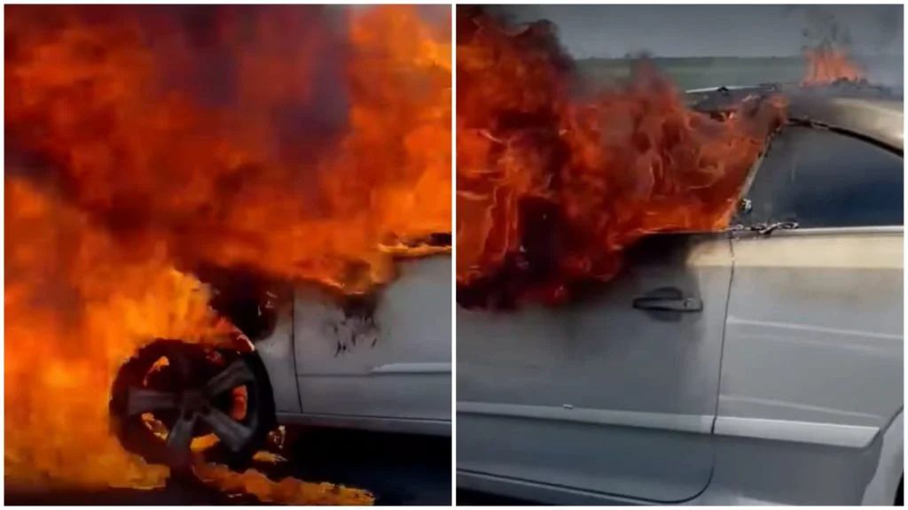 Un autoturism a luat foc din senin, în mers. Şoferul a reuşit să iasă din maşină