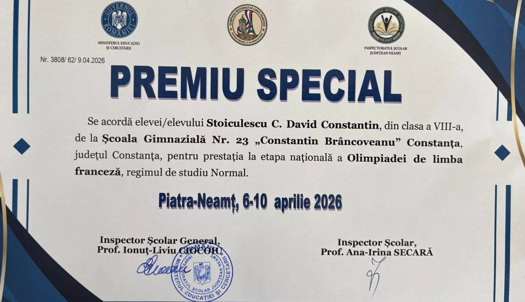 Premiu special pentru un elev al Școlii 23 al Olimpiada Națională de Limba Franceză - olimpiada-franceza-1776589914.webp