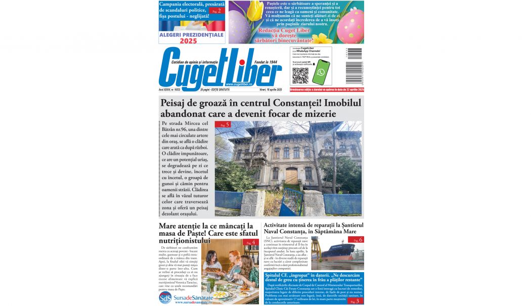 Nu ratați ediția de VINERI, 18 APRILIE a ziarului CUGET LIBER, cel mai longeviv cotidian din Constanța! - pagina-01-site-cl-1744909538.jpg