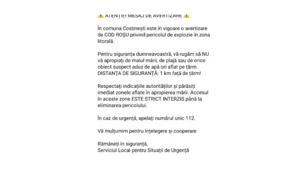 Foto - Alertă la Costinești. Autoritățile au emis cod roșu de pericol de explozie și au interzis accesul pe plajă