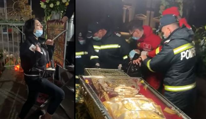 O femeie care ţipă în faţa moaştelor Sfintei Parascheva, 