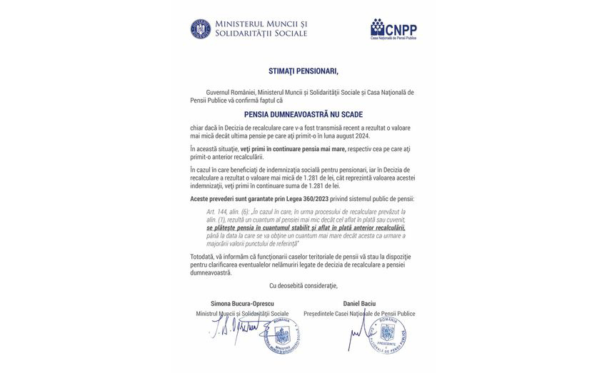 Scrisoarea pe care toți pensionarii o vor primi, pregătită de Casa de Pensii și Ministerul Muncii - scrisoare-1724683092.jpg