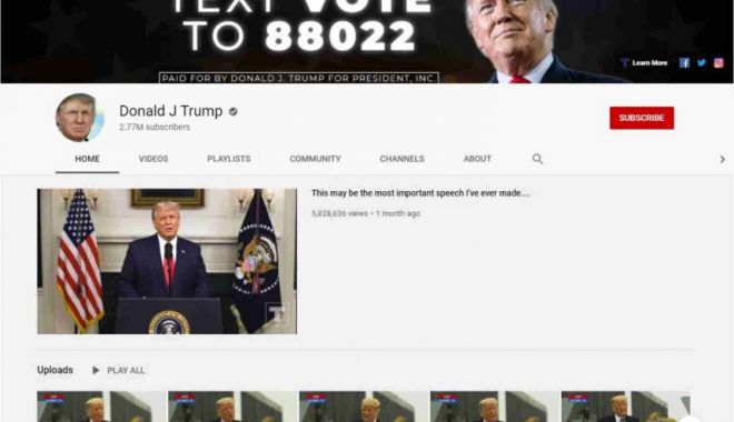 YouTube a blocat canalul lui Donald Trump pentru cel puţin 7 zile - trump-1610524888.jpg