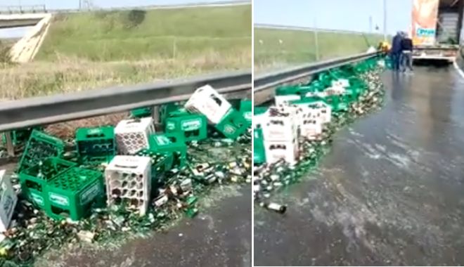 VIDEO. Un tir cu bere și-a pierdut încărcătura, la ieșire de pe Autostrada Soarelui - untitled-1556183598.jpg