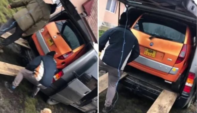 NU E GLUMĂ! Au transportat o maşină într-o dubiţă! Uşor cu urcatul, mai greu cu coborâtul