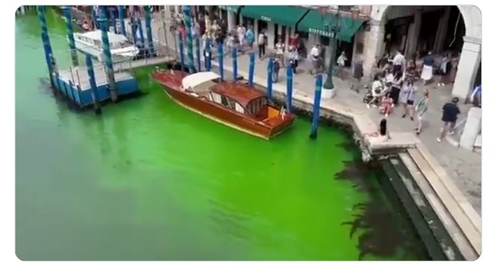 Fenomen extrem de ciudat în Veneția! Apa de pe Marele Canal a devenit verde fluorescent