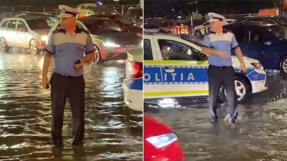 "El este şeful Brigăzii Rutiere"! Cu picioarele în apă, i-a dirijat pe şoferii blocaţi în trafic după furtună