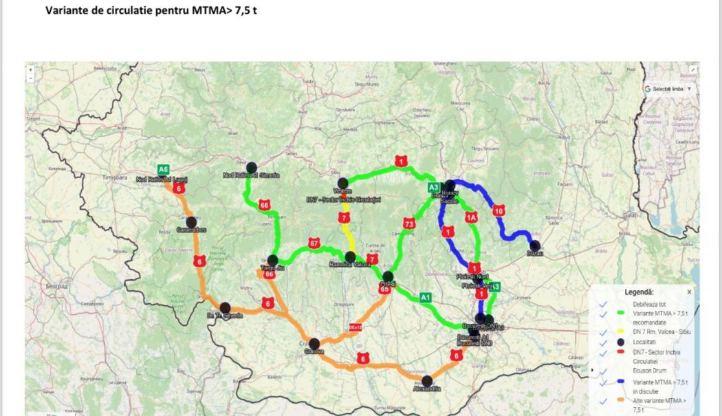 CNAIR a publicat variantele ocolitoare de trasee, pe durata închiderii traficului pe Valea Oltului