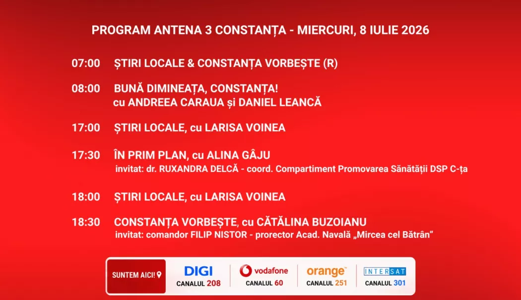 Foto - Programul zilei de miercuri, 8 iulie, de la Antena 3 Constanța