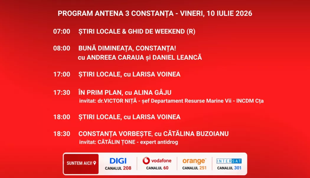 Foto - Programul zilei de vineri, 10 iulie, de la Antena 3 Constanța