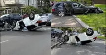 Stire din Eveniment : Accident în lanț cu trei mașini. O femeie a fost rănită după ce autoturismul s-a răsturnat pe plafon