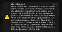 Stire din Eveniment : Mesaj RO-Alert în nordul judeţului Tulcea. "Posibilă cădere de obiecte din spaţiul aerian"