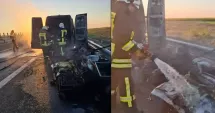Stire din Eveniment : Flăcări pe autostradă. Autoutilitară încărcată cu mobilier, cuprinsă de incendiu