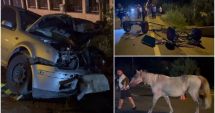 Stire din Eveniment : Căruţă făcută bucăţi într-un accident terifiant. O maşină a spulberat-o, apoi s-a înfipt într-un cap de pod