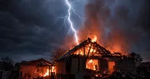 Stire din Eveniment : Casă distrusă de fulger. Un bărbat a ajuns la spital cu arsuri după ce a încercat să stingă incendiul