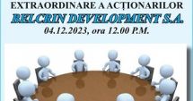 Stire din Anunțuri : CONVOCAREA ADUNĂRII GENERALE EXTRAORDINARE A ACȚIONARILOR  BELCRIN DEVELOPMENT S.A.