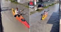 S-a crezut în Veneția: A pornit cu caiacul pe faleza inundată din Mamaia Nord și a ajuns viral