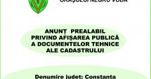 Stire din Anunțuri : ANUNȚ  PREALABIL PRIVIND AFIȘAREA PUBLICĂ A DOCUMENTELOR TEHNICE ALE CADASTRULUI