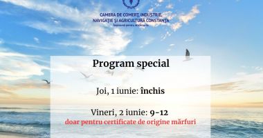 Stire din Economie : Program CCINA Constanţa. Închis pe 1 iunie, deschis pe 2 iunie, doar pentru eliberarea certificatelor de origine mărfuri