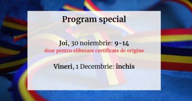 Stire din Economie : Programul CCINA Constanţa, modificat de sărbătoarea Sfântului Andrei şi de Ziua Naţională a României