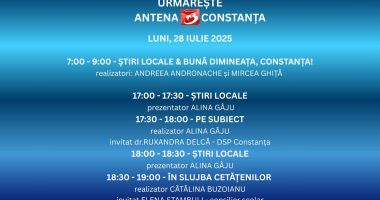 Stire din Actualitate : Programul zilei de luni, 28 iulie, la Antena 3 Constanța